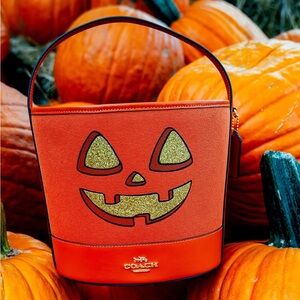 Coach 🎃🎃 Orange Halloween Jack-o’-lantern Bucket Bag NWT